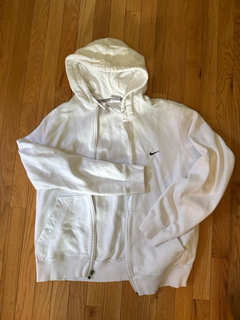 Nike White Full Zip Classic Fleece Hoodie Sweatshirt /Black Swoosh/ Men’s Large